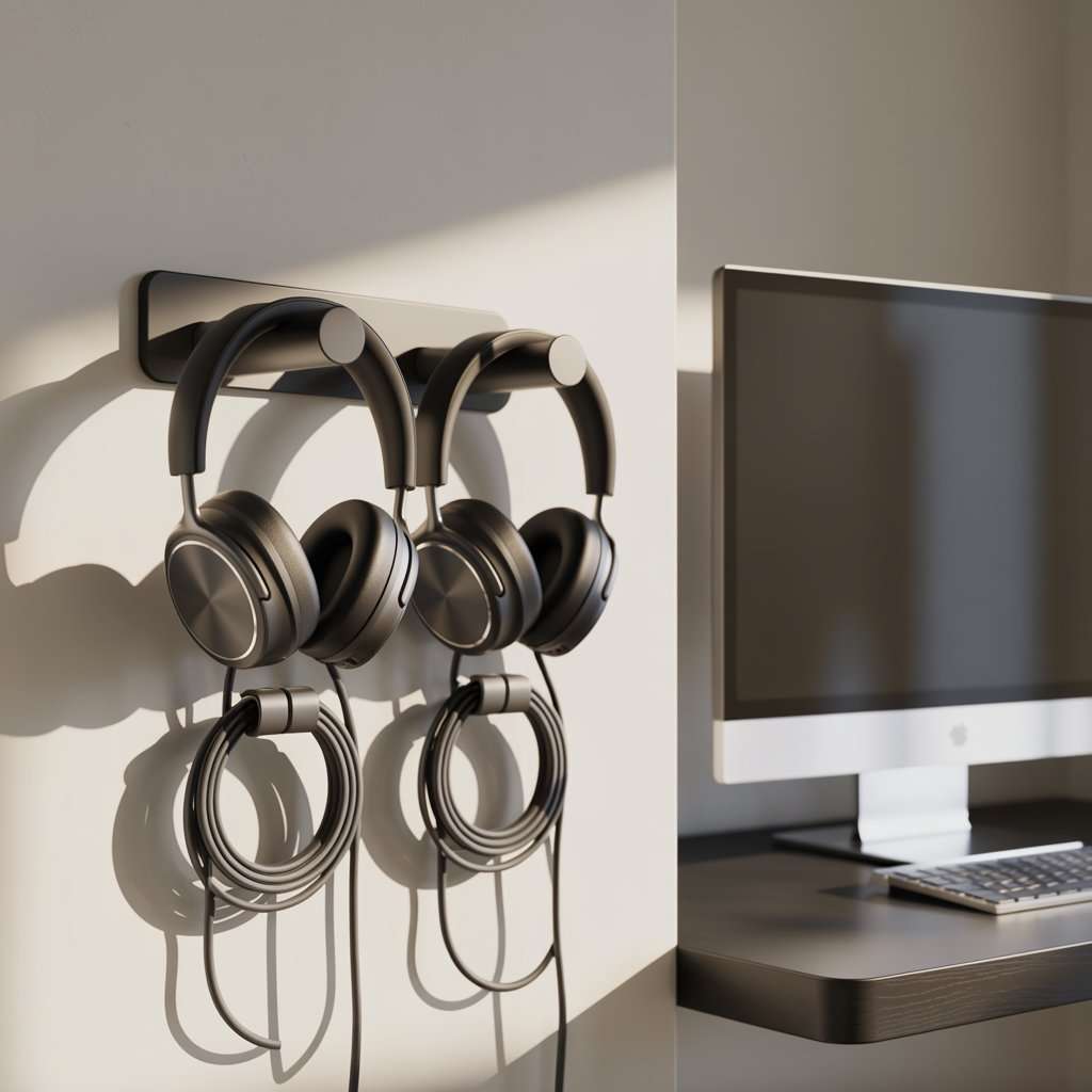 Wall Mounted Dual Headphone Hangers with Cable Clips