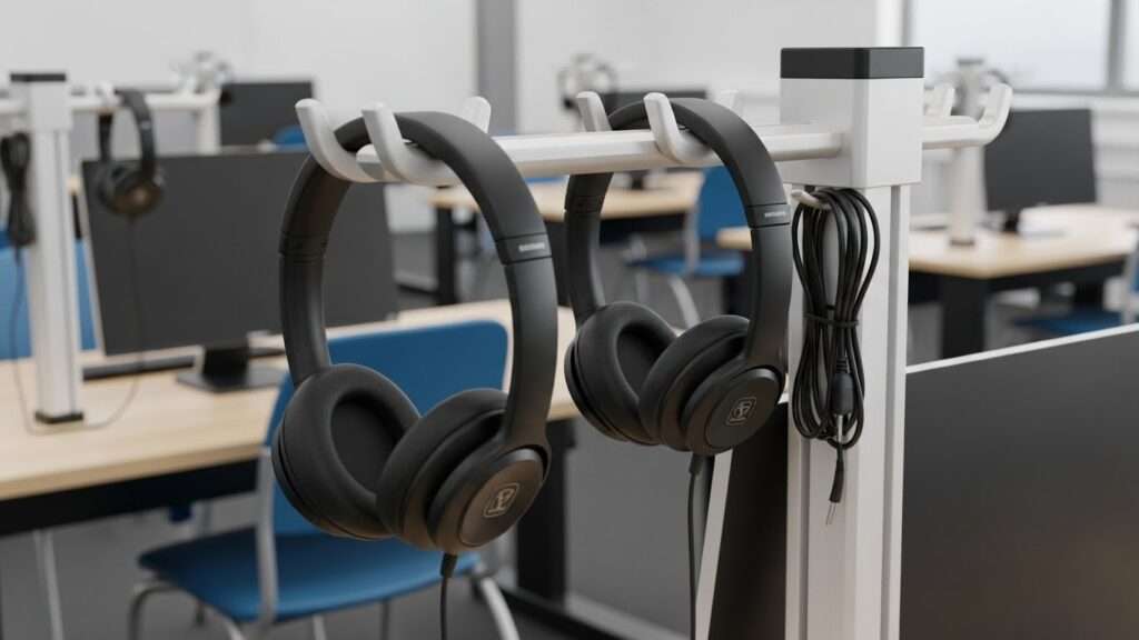 10 Under Desk Headphone Mounts for Student Computer Labs Ideas 3 The Dual Hook Hanging System