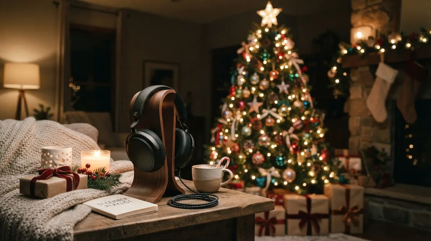 Headphones Beside Christmas Tree Aesthetic
