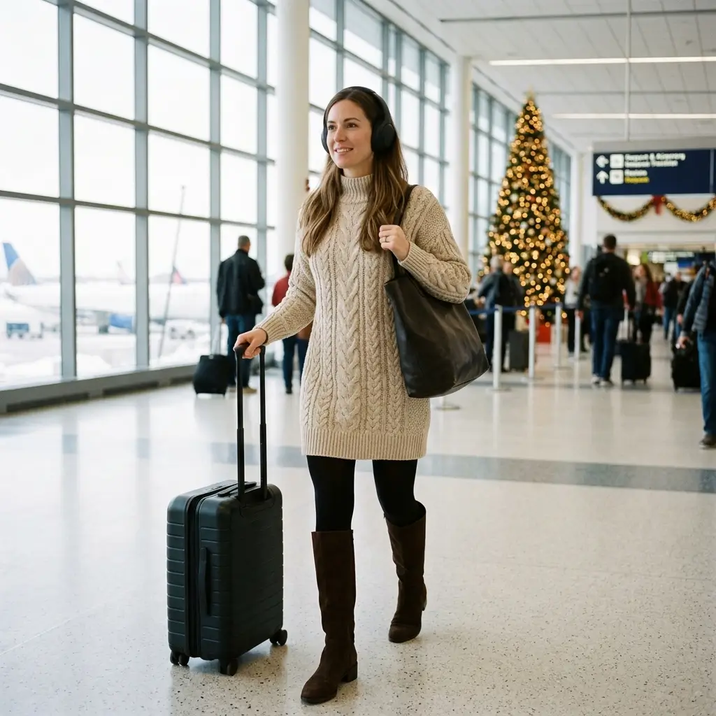12 Cozy Winter Travel Outfit with Headphones Christmas Styling Ideas 21 Cable Knit Sweater Dress