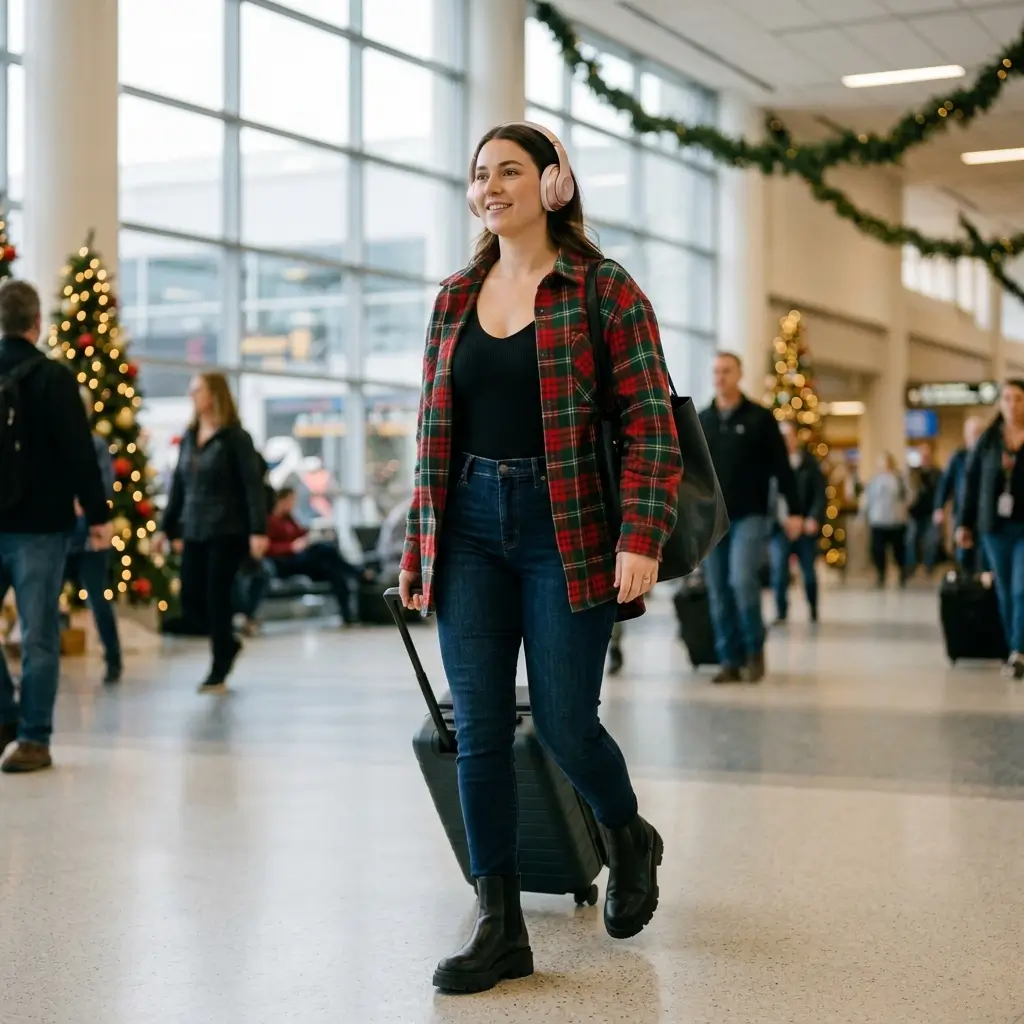 12 Cozy Winter Travel Outfit with Headphones Christmas Styling Ideas 7 Festive Plaid Shacket and Metallic