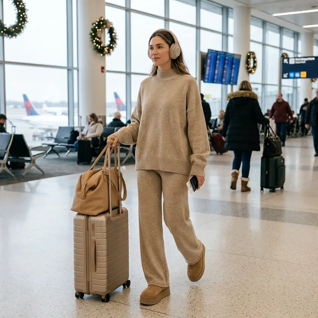 12 Cozy Winter Travel Outfit with Headphones Christmas Styling Ideas 11 Monochrome Knit Matching Set