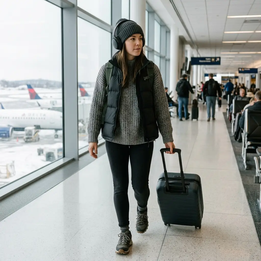 12 Cozy Winter Travel Outfit with Headphones Christmas Styling Ideas 9 Puffer Vest Chunky Knit Beanie