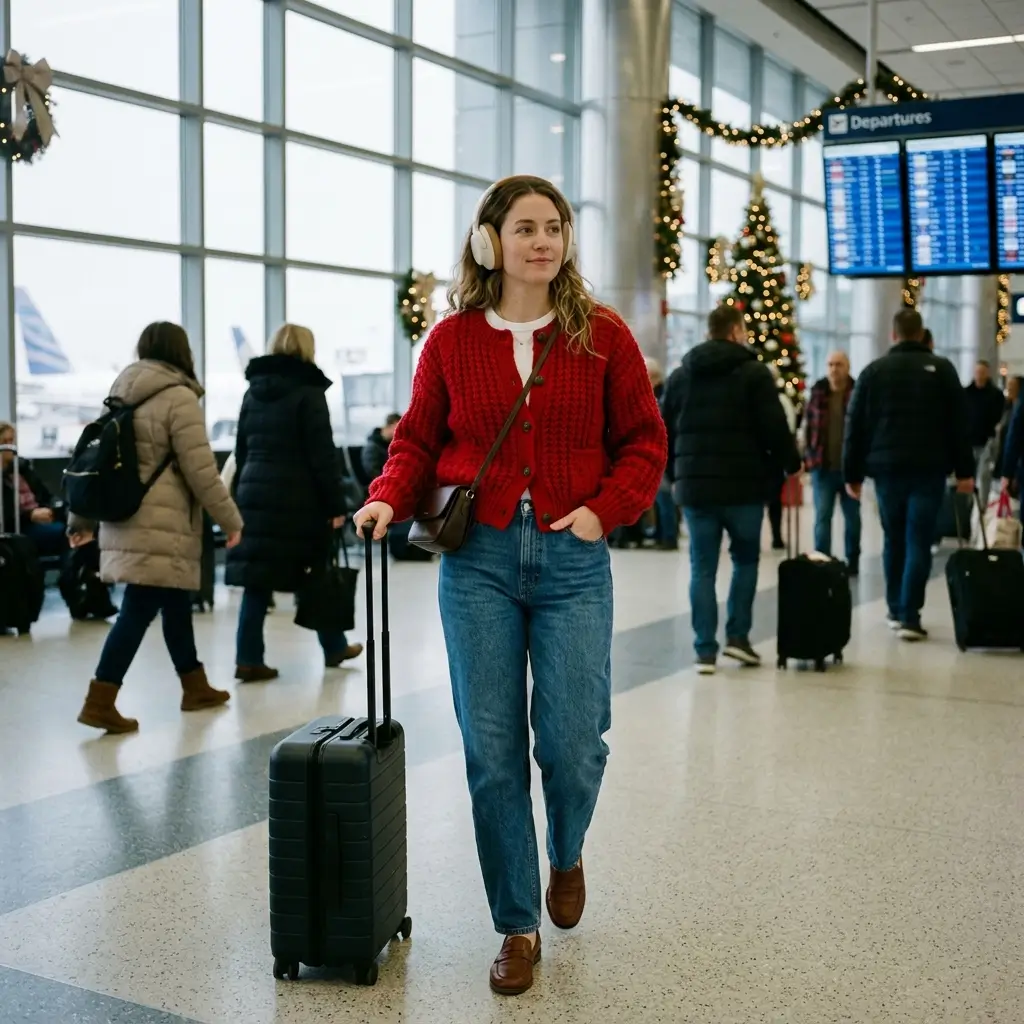 12 Cozy Winter Travel Outfit with Headphones Christmas Styling Ideas 15 Red cardigan outfit for travel 20261018204419