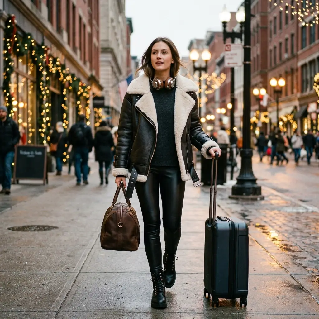 12 Cozy Winter Travel Outfit with Headphones Christmas Styling Ideas 13 Shearling Aviator Jacket