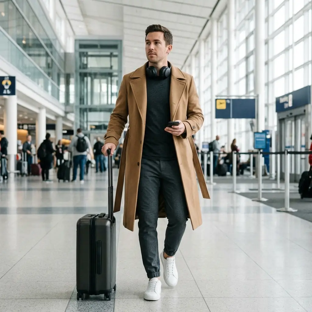 12 Cozy Winter Travel Outfit with Headphones Christmas Styling Ideas 5 Tailored Long Trench Joggers